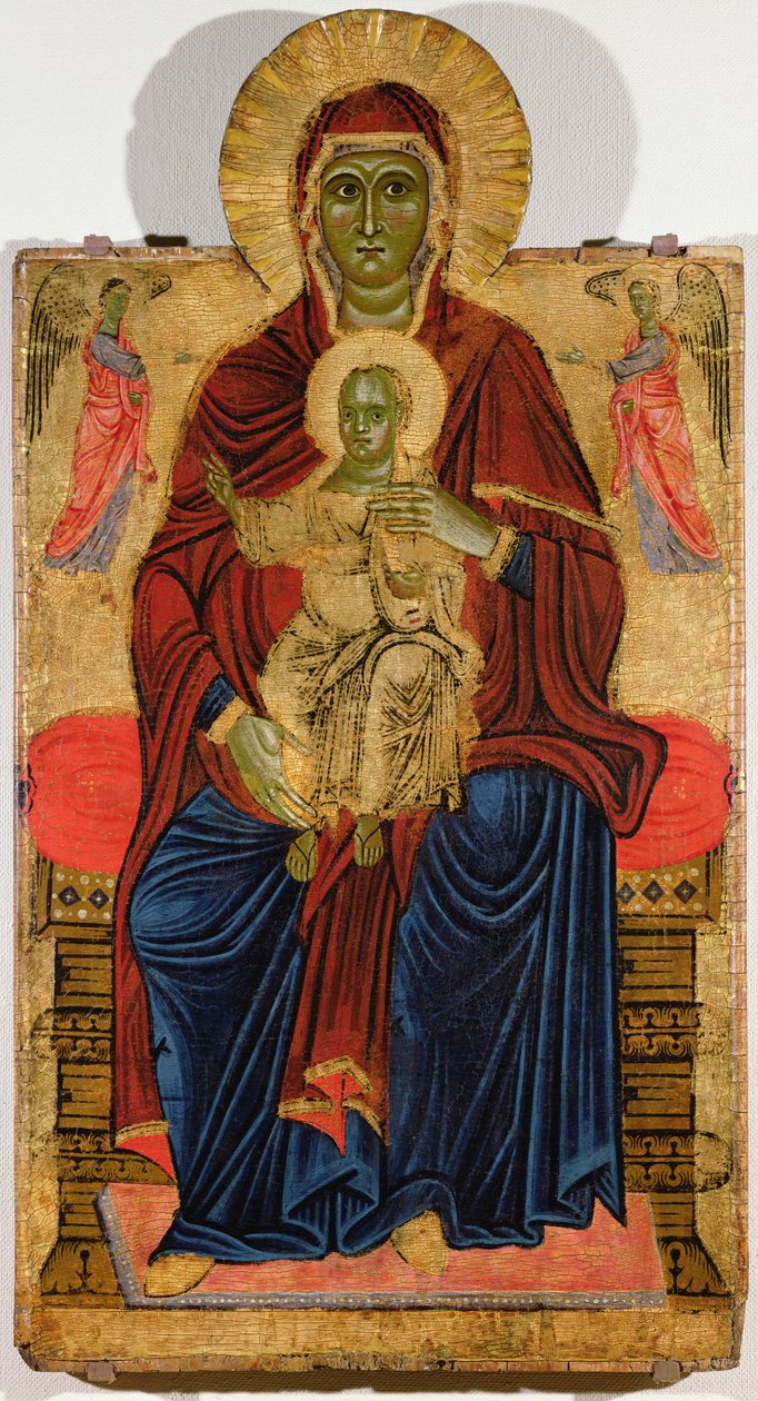Madonna Enthroned (olie på lærred på panel) af Master of the Bigallo Crucifix