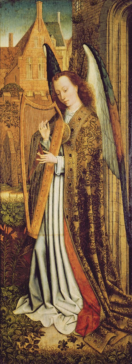 Jomfruen og barnet med engle, højre panel forestillende en englemusiker af Master of the Embroidered Foliage