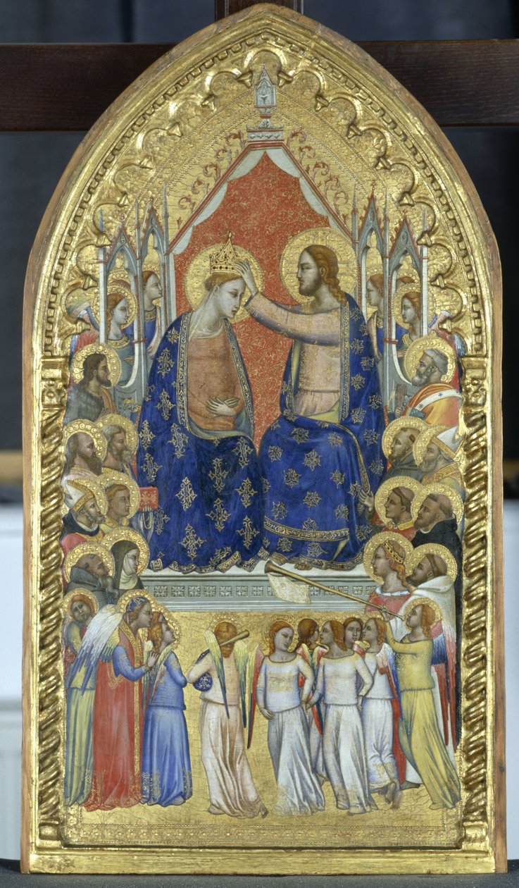 Jomfruens kroning med engle og helgener, ca. 1360 (tempera på poppeltræ) af Master of the Fabriano Altarpiece attr. to Master of the Fabriano Altarpiece attr. to