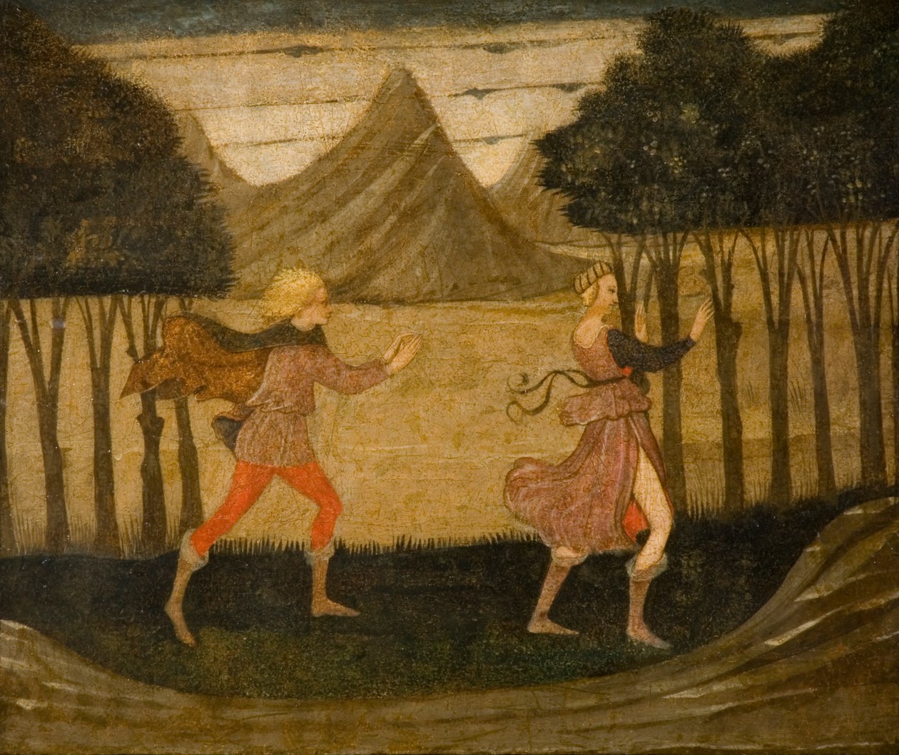 Daphne forfulgt af Apollo (tempera på panel) (se også 90393) af Master of the Judgement of Paris