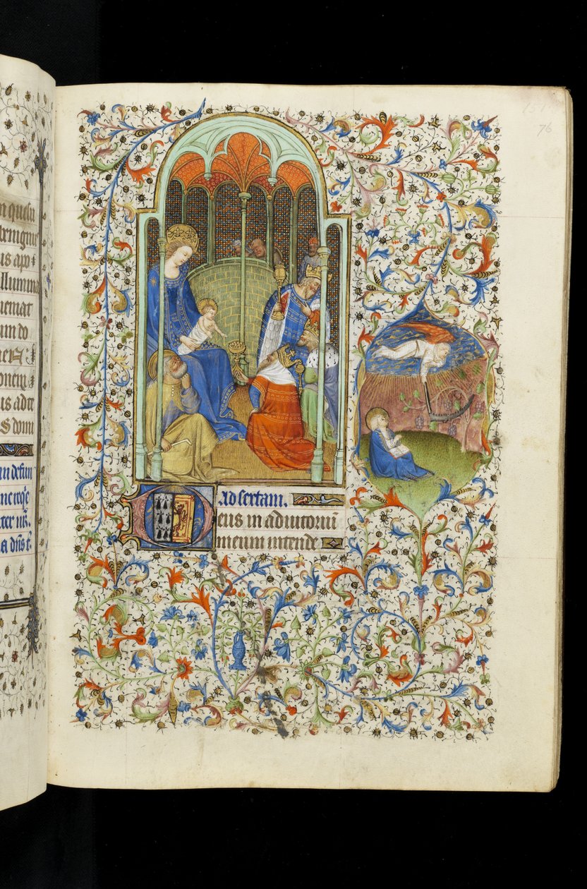 Ms 62 f.76r Kongernes Tilbedelse; Johannes og engel med segl, fra en timebog af Master of the Rohan Hours
