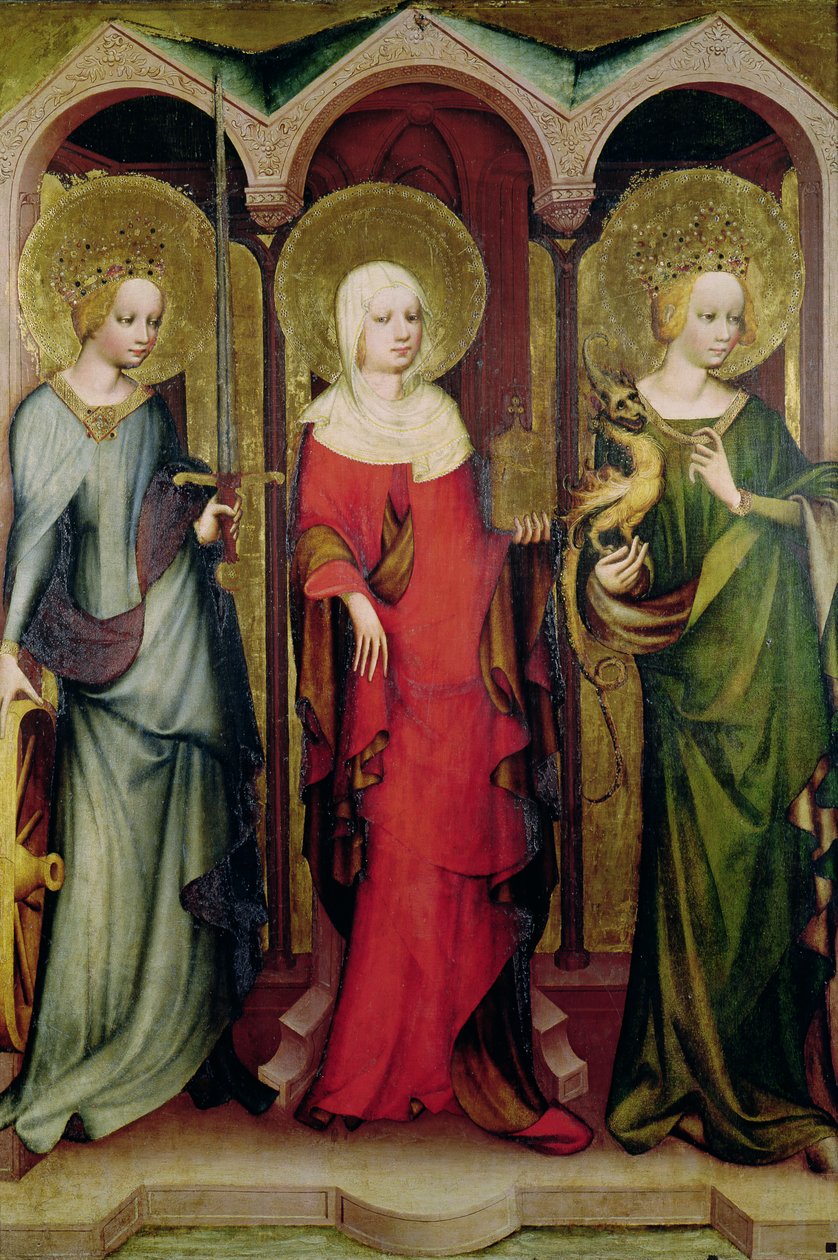 Den hellige Katarina af Alexandria, den hellige Maria Magdalena og den hellige Margareta af Antiokia, ca. 1380 (tempera på panel) af Master of the Trebon Altarpiece
