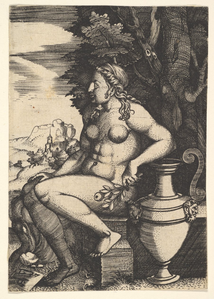 Siddende nøgen ved siden af en vase, 1537. af Master FG