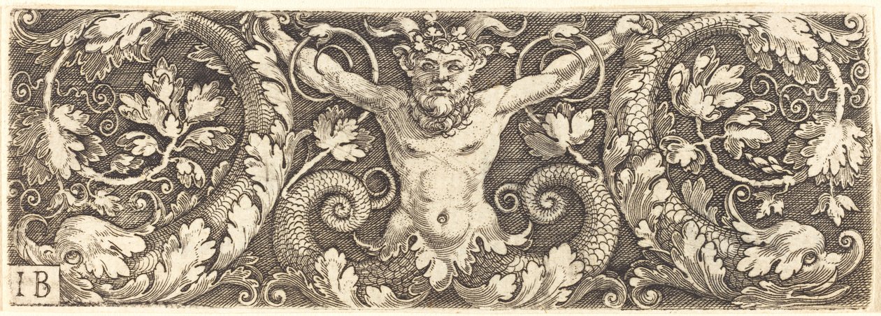 Ornament med Fantastisk Satyr og delfiner af Master IB