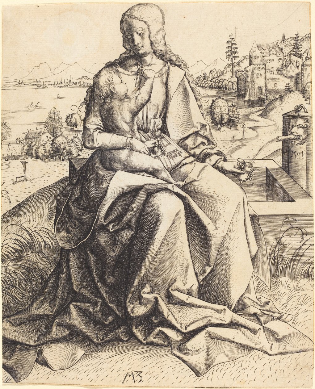 Madonna og barn ved et springvand af Master MZ