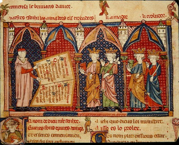 Fol.5v Mester Ermengaut præsenterer sin bog for fire konger af Matfre Ermengaut