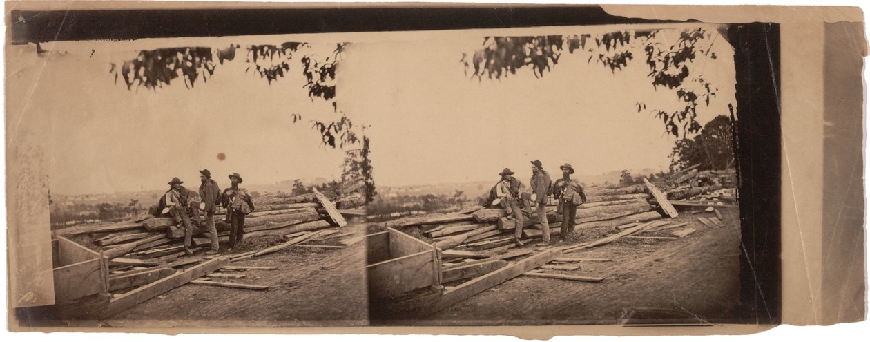 3 Reb Prisoners bag B[reast]works, 1863 (sepia foto) af Mathew B. Brady