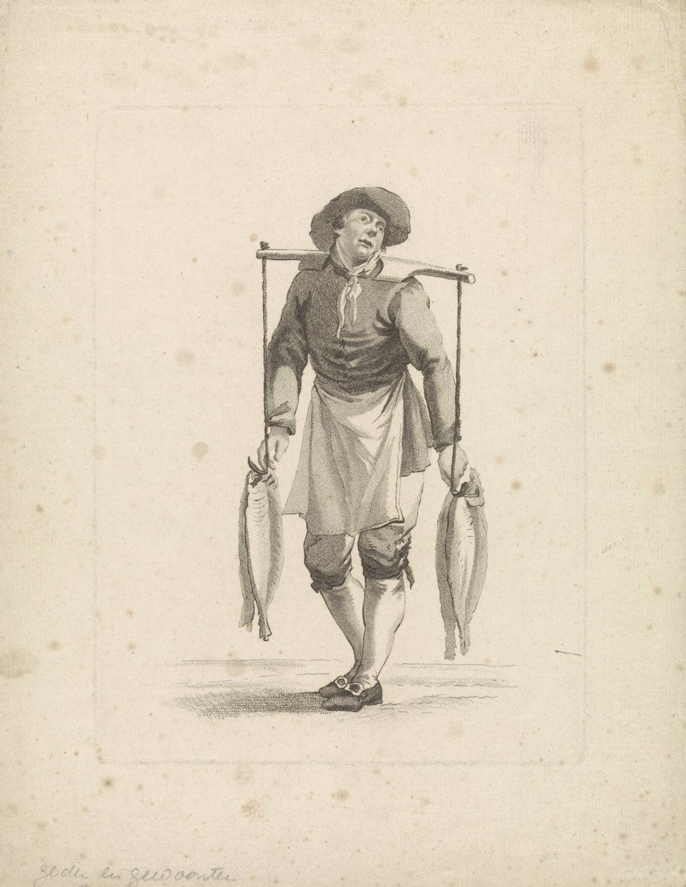 Fiskehandler fører fisk på et åg af Mathias de Sallieth