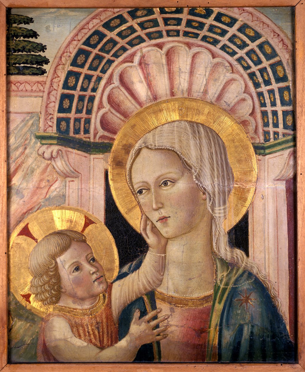 Madonna og barn foran en kammusling niche (tempera på poppeltræ) af Matteo da Gualdo