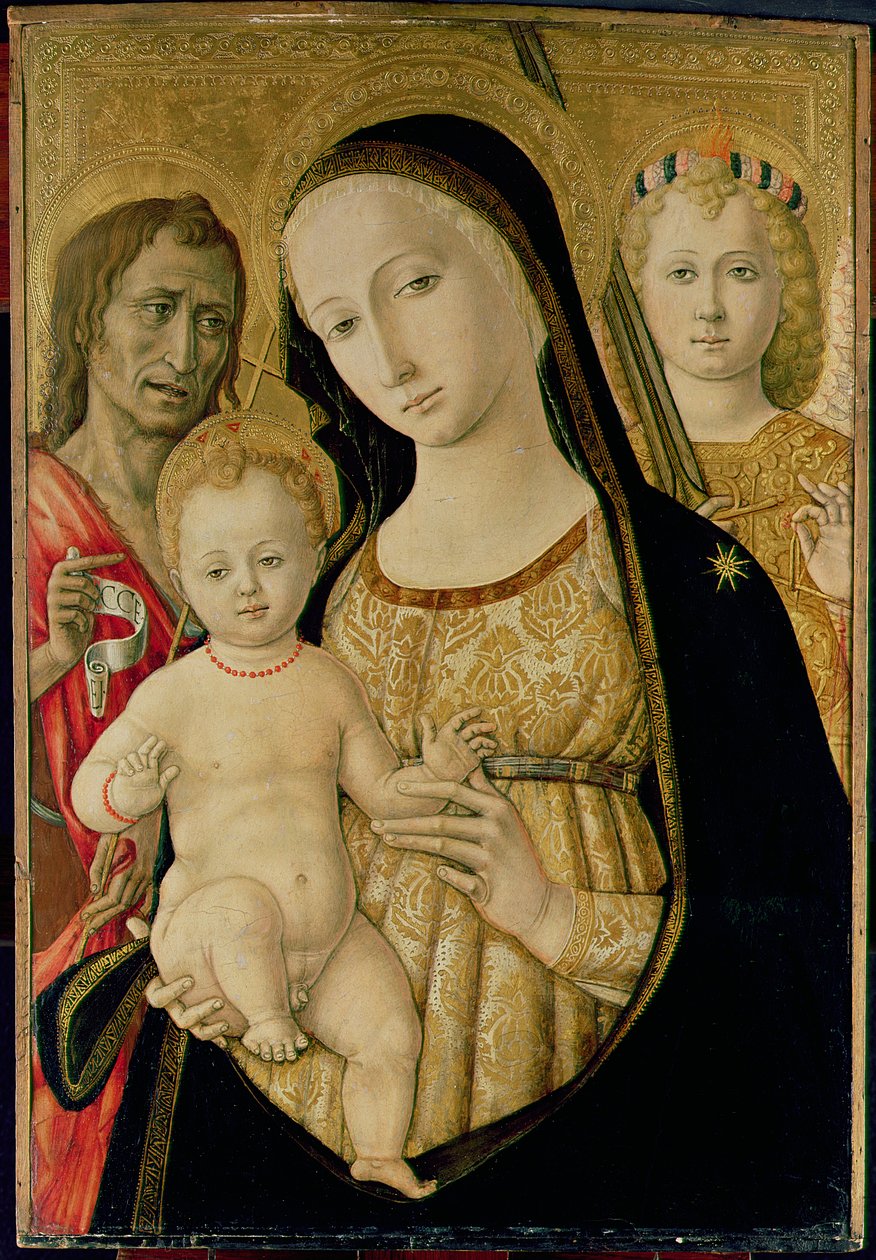 Madonna og barn med St. Johannes Døberen og St. Michael Ærkeenglen, ca. 1485-95 (tempera på panel) af Matteo di Giovanni di Bartolo