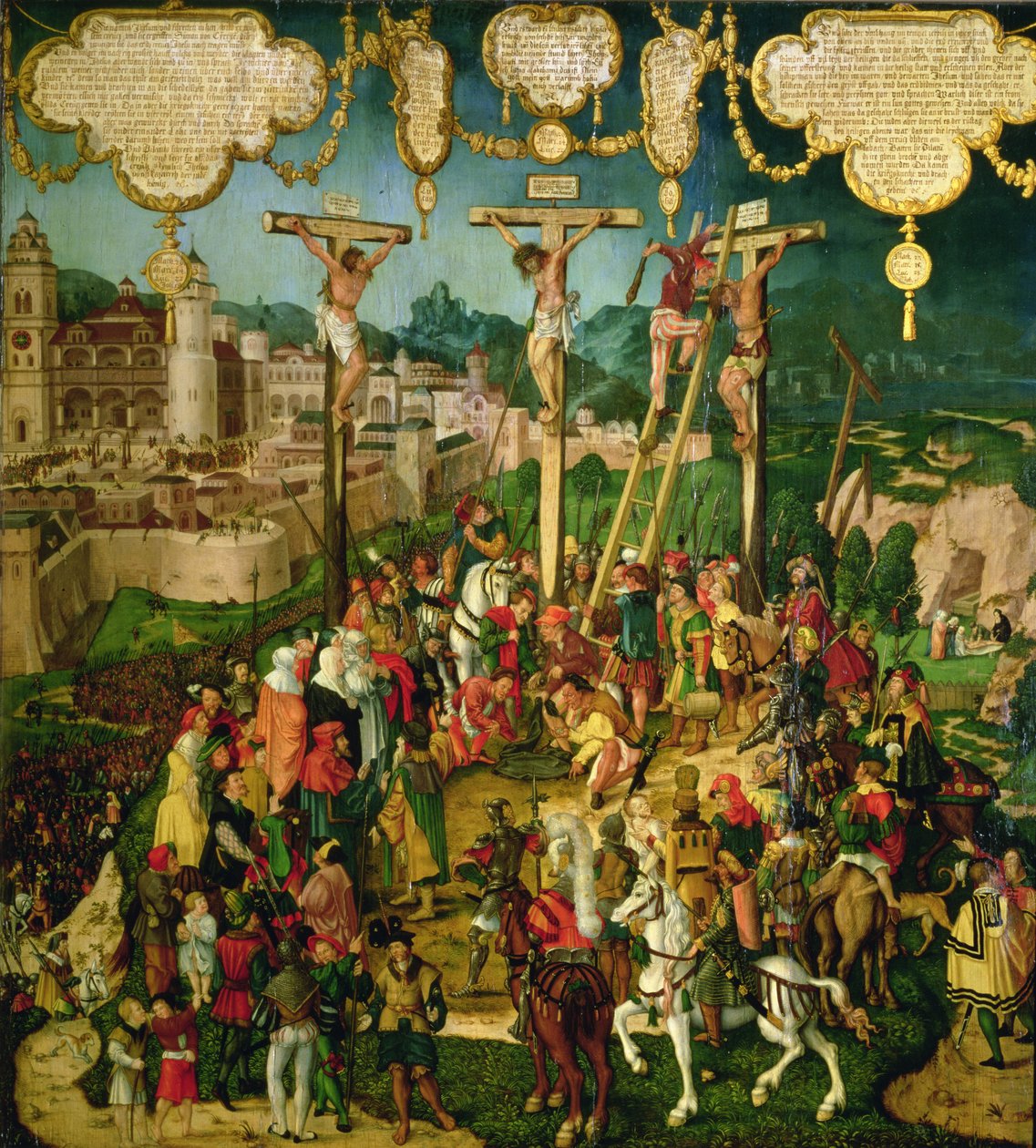 Korsfæstelse, midterpanel på Mompelgarter-altertavlen (panel) af Matthias Gerung or Gerou