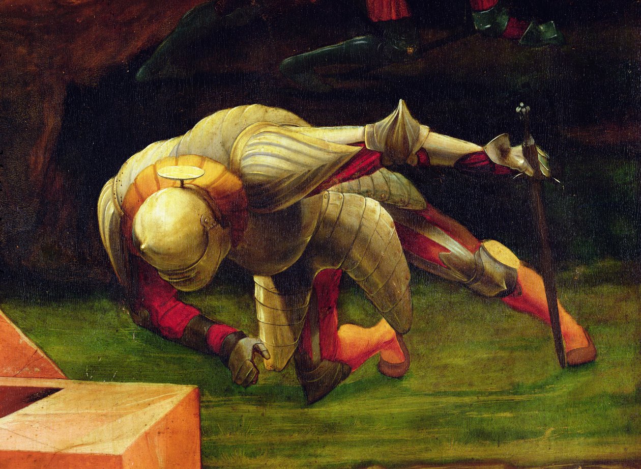 Detalje af en faldende soldat fra scenen for Kristi opstandelse fra Isenheim-altertavlen, ca. 1512-16, olie på panel af Matthias Grünewald