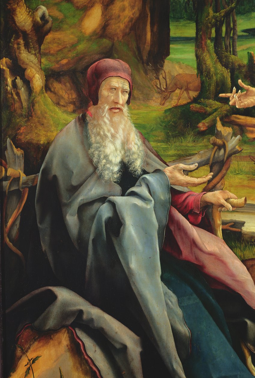 Sankt Antonius besøg hos eremitten Sankt Paul, detalje fra Isenheim-altertavlen, ca. 1512-16 (olie på træ) af Matthias Grünewald