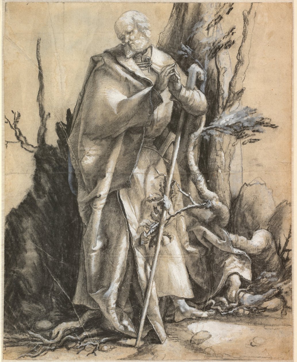 Skægget helgen med spadserestok, ca. 1516 af Matthias Grünewald