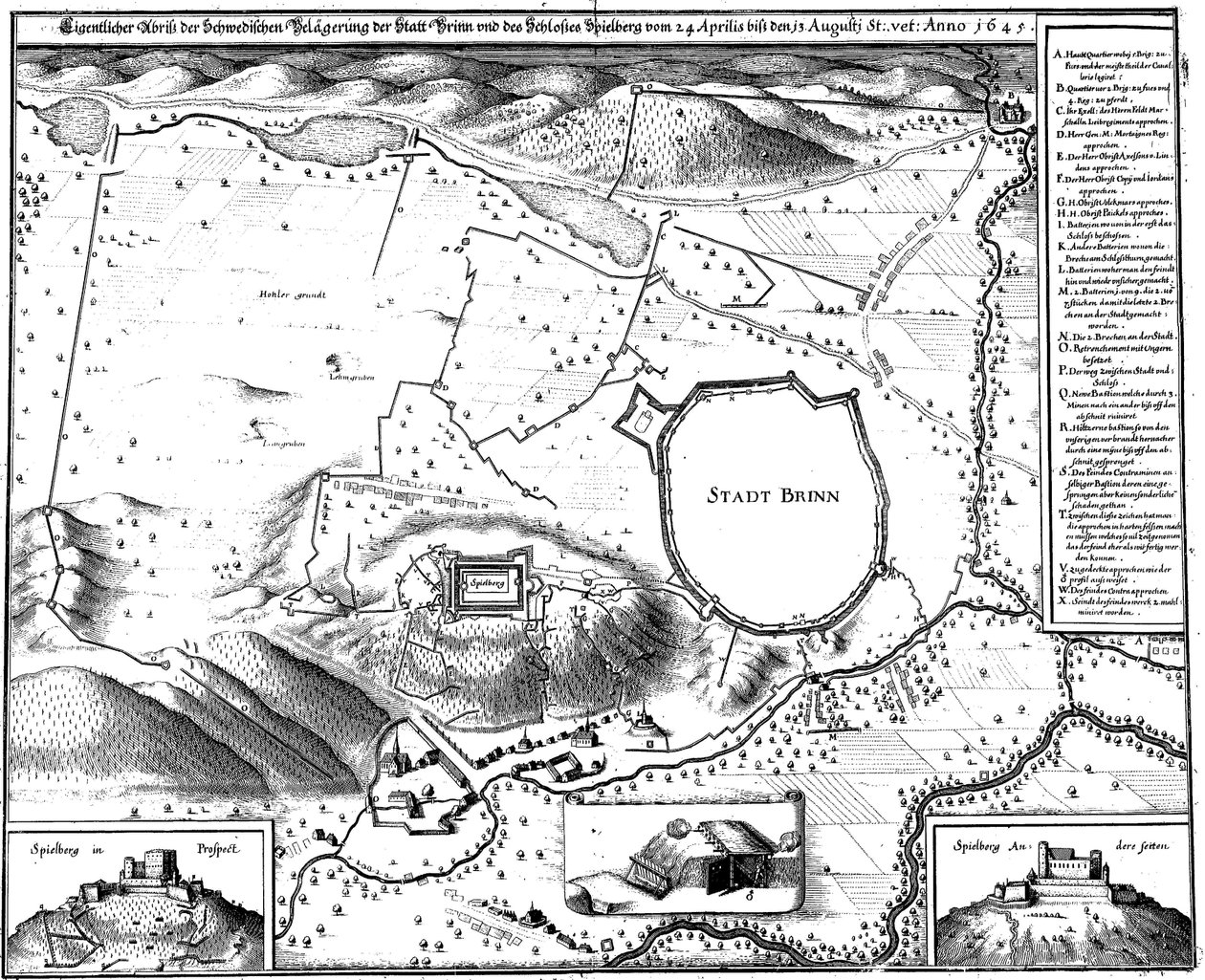 Plan over byen Brno i 1645, dvs. under belejringen af ​​svenskerne, af Merian af Matthaus Merian