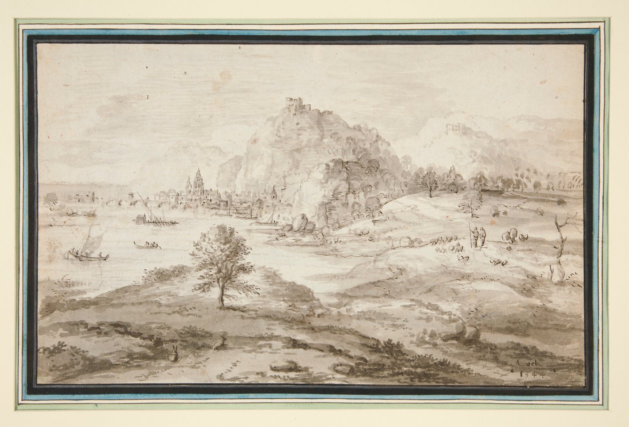 Bjerglandskab med havn og by af Matthys Cock
