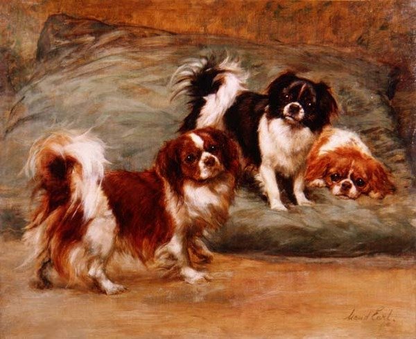 Tre King Charles Spaniels på en pude af Maud Earl