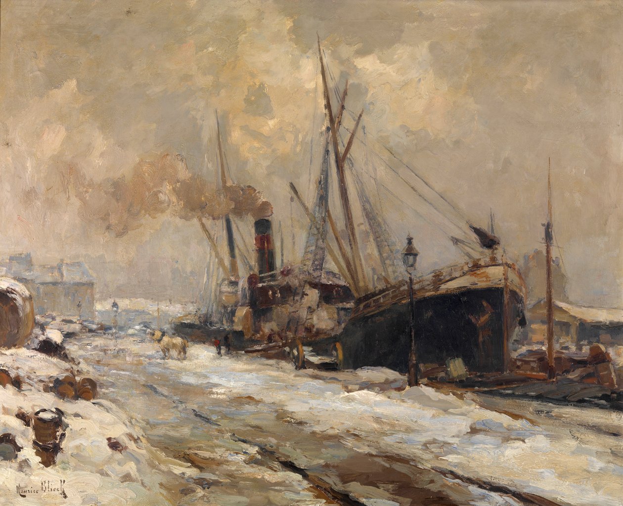 Antwerpen Havn om vinteren (olie på lærred) af Maurice Blieck