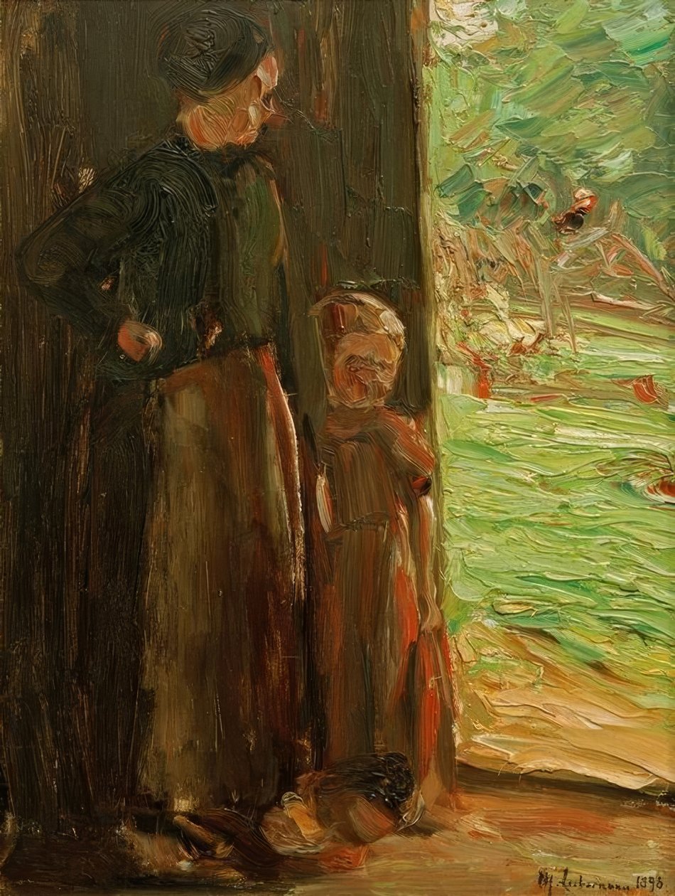 Bondekone med barn under døren af Max Liebermann