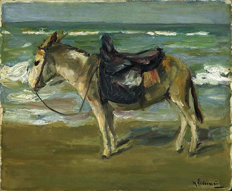 Ridende æsel på stranden til venstre af Max Liebermann