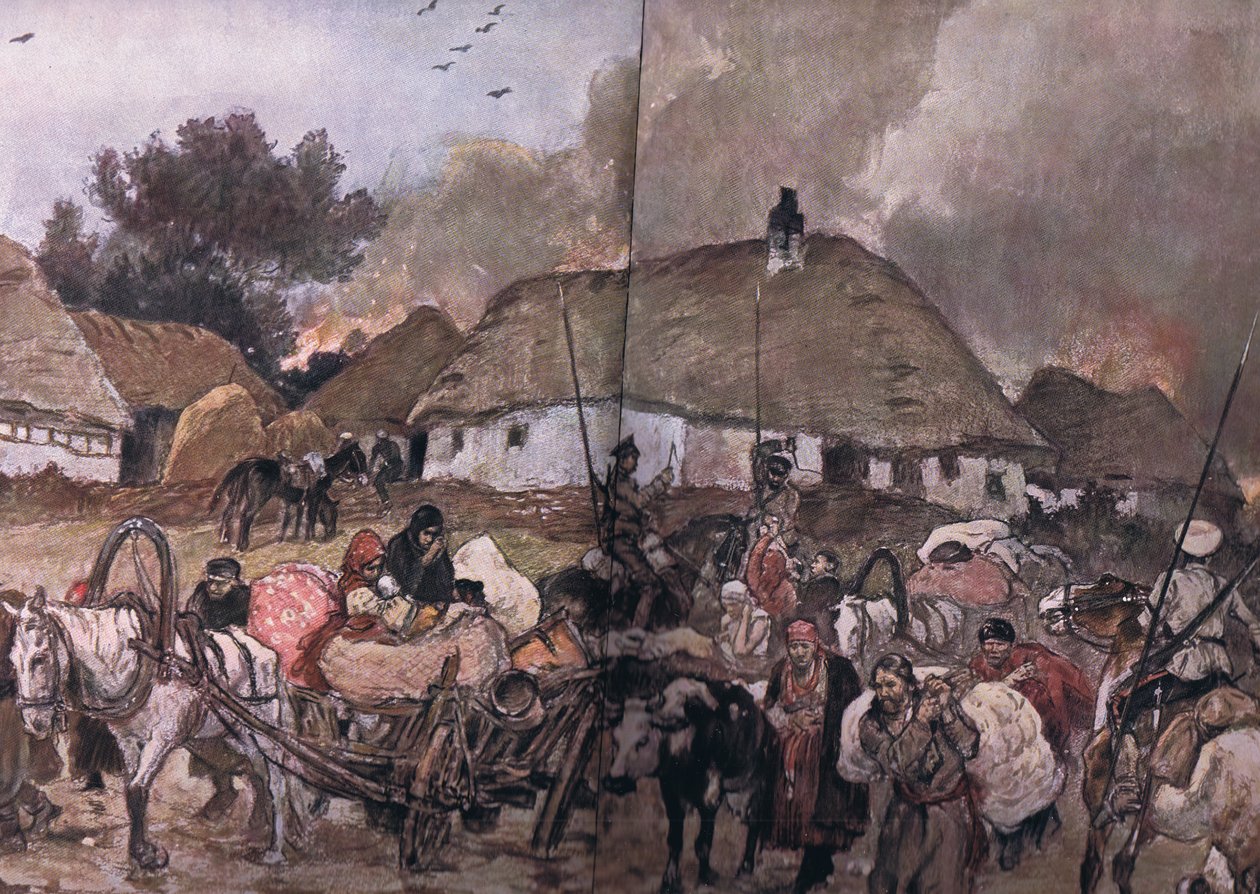 På vej til Brest-Litowsk: Polske flygtninge med kosakker efter bagerst, fra pubben The Illustrated History of the World War 1914-1915. af Union Berlagsefellfchaft, 1922 Vol. 3 af Max Tilke