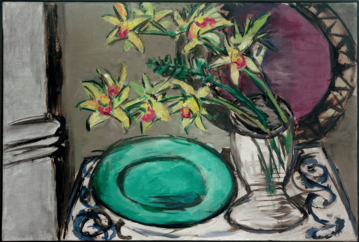 Orkideer - stilleben med grøn skål af Max Beckmann