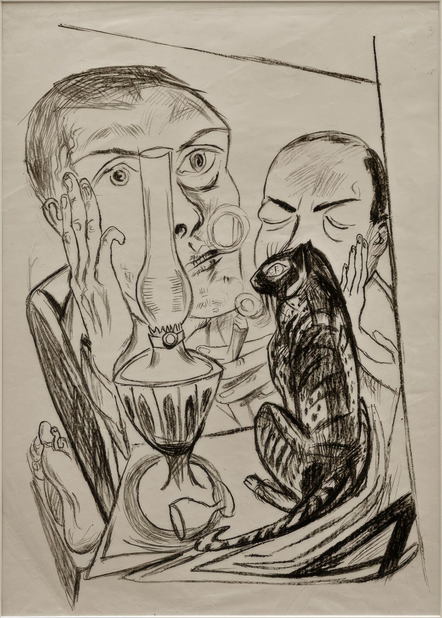Selvportræt med kat og lampe af Max Beckmann