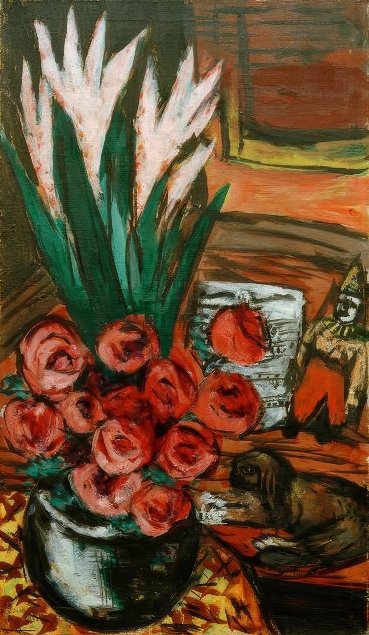 Stilleben med røde roser og butchy af Max Beckmann