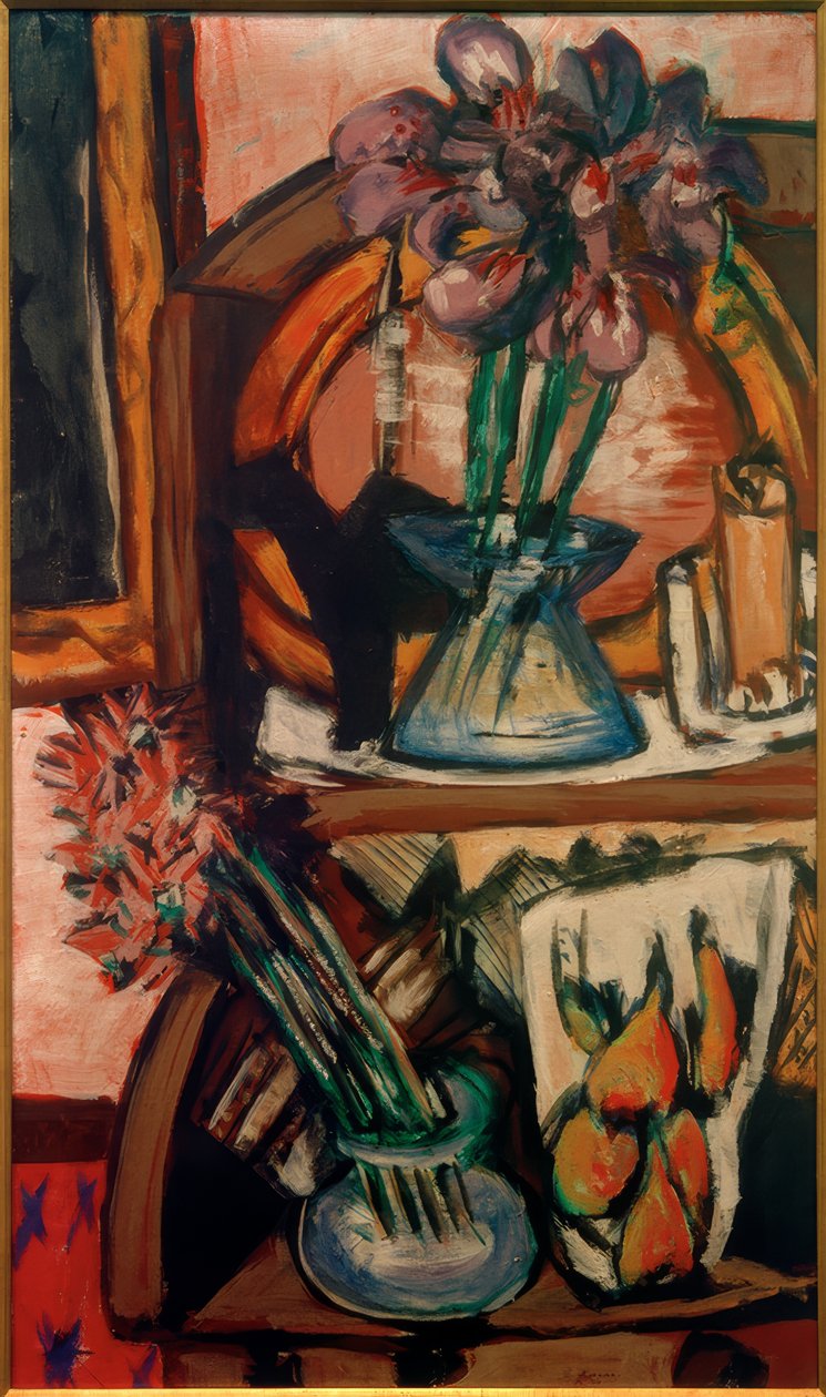 Stilleben med to vaser med blomster af Max Beckmann