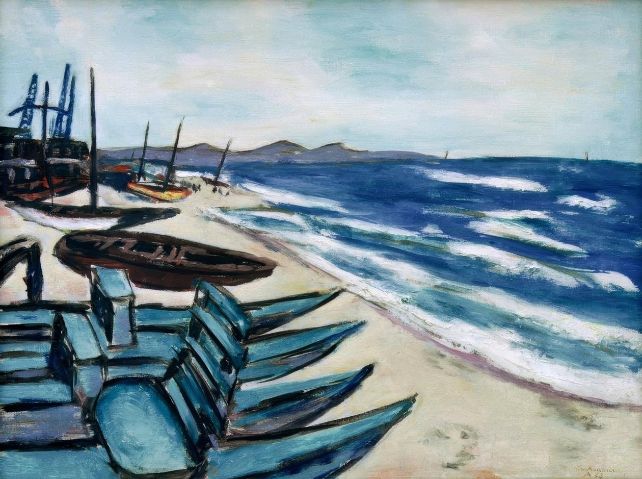 Strand med både på Rivieraen af Max Beckmann