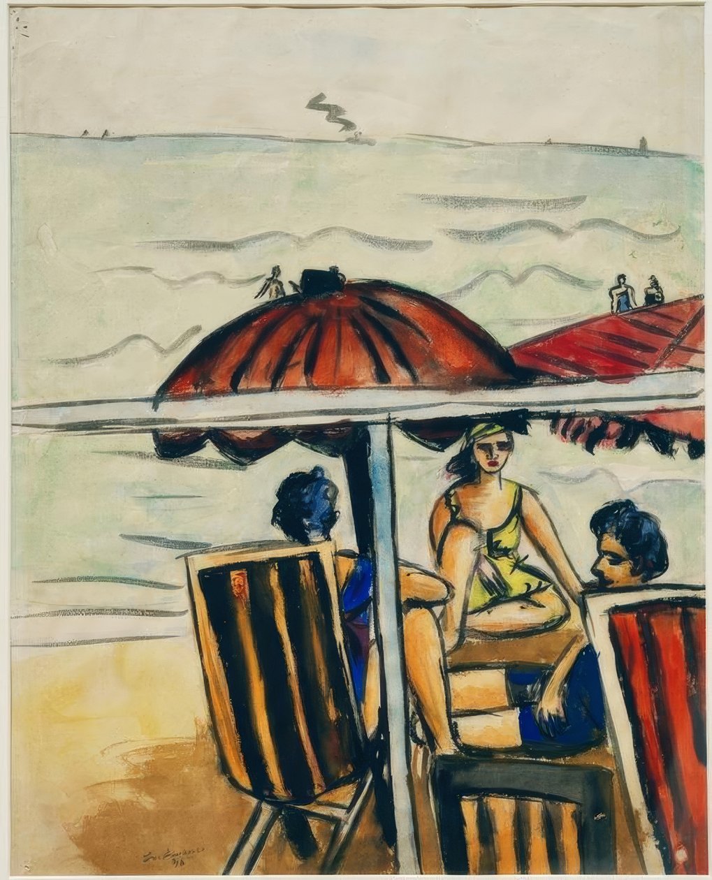 Strandscene med paraplyer af Max Beckmann