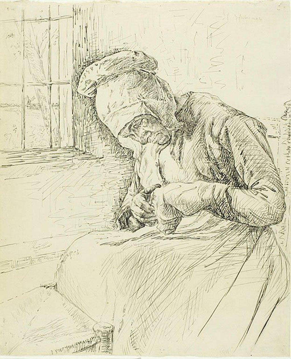 Gammel kvinde reparerer ved vinduet af Max Liebermann