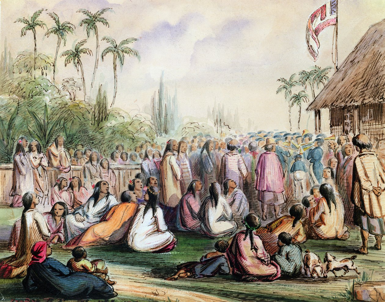 Det franske protektorats pavillon på Tahiti i 1842, ca.1842-48 (wc og blæk på papir) af Maximilien Radiguet