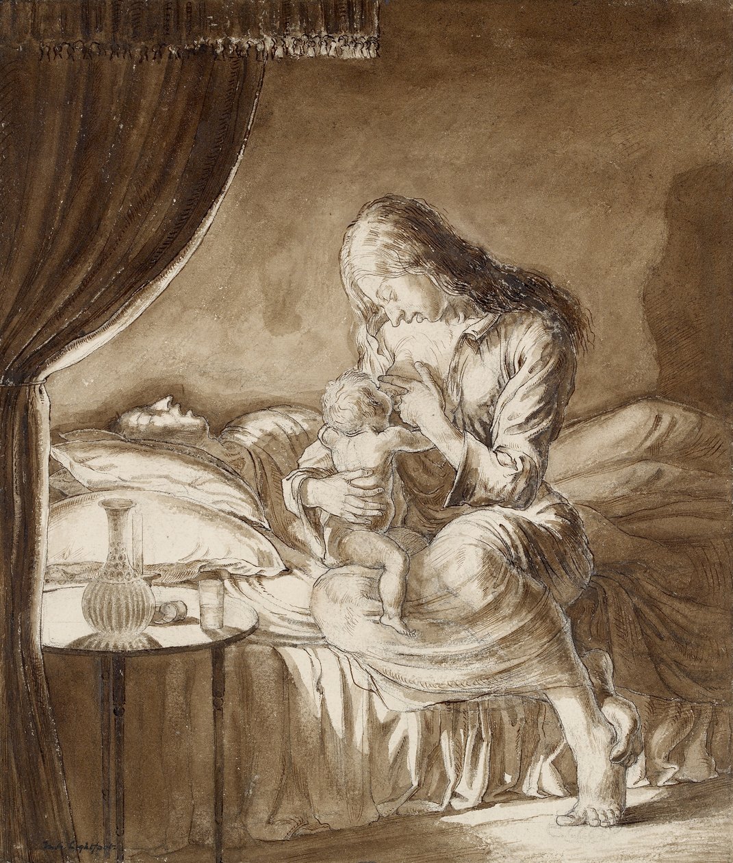 Nattescene: Kvinde fodrer sit barn (pen og vask med brun blæk over grafit) af Maxwell Gordon Lightfoot