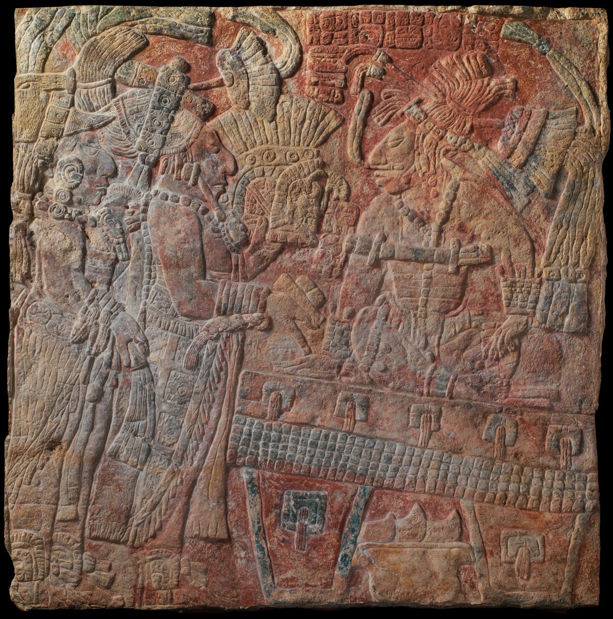 Relief med hersker på tronen, ca. 770 e.Kr. (malet kalksten) af Mayan