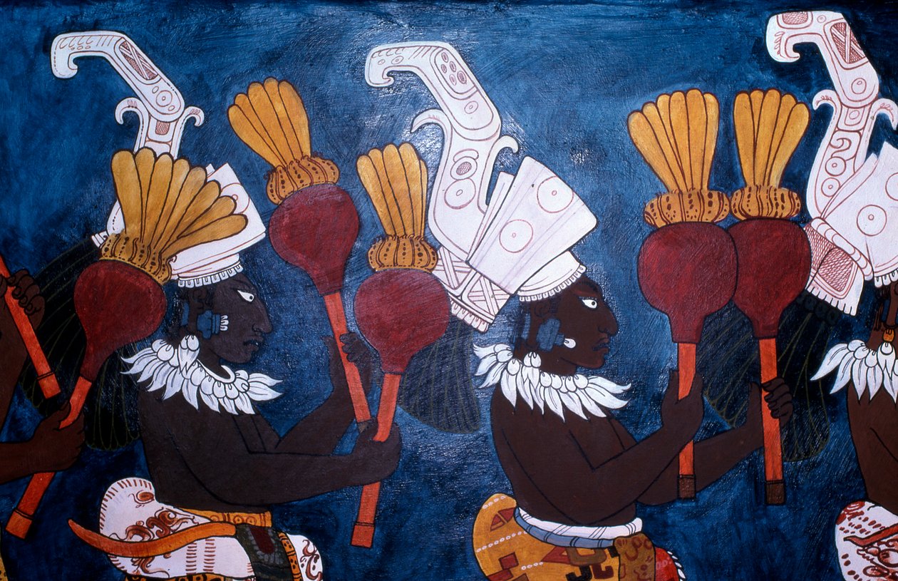 Gengivelse af et vægmaleri, der viser musikere med rangler under en ceremoni, fra vægmaleritemplet, Bonampak (vægmaleri) af Mayan