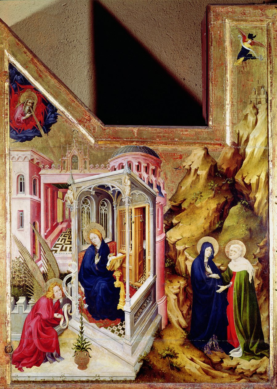 Altertavle af Chartreuse de Champmol, venstre side forestillende bebudelsen og visitationen, ca. 1393-99 af Melchior Broederlam