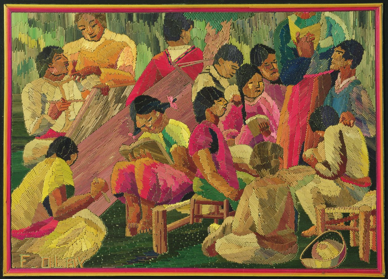 Mexicansk landsbyscene (farvet stråmaleri) af Mexican School