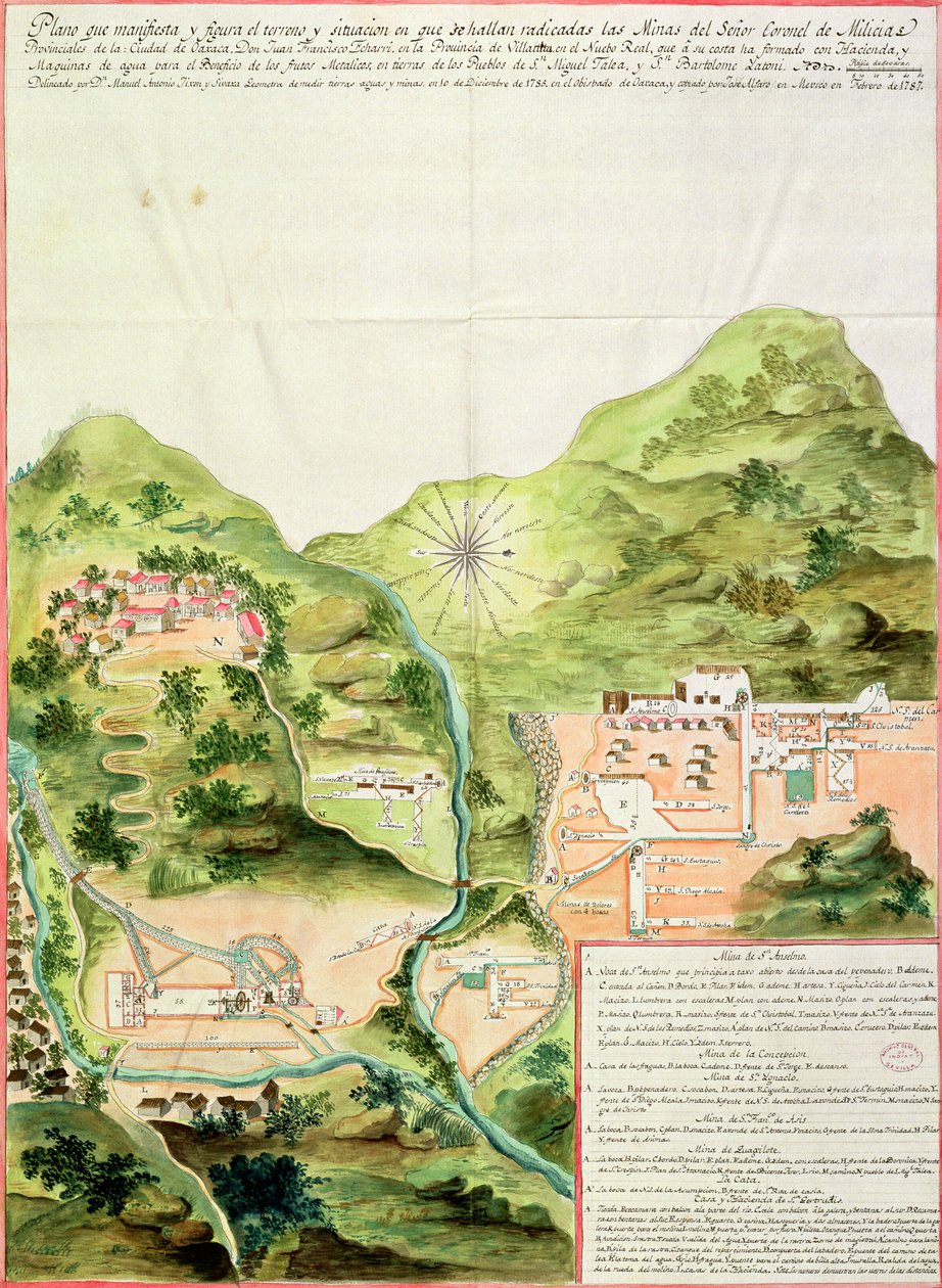 Plan over minerne i Oaxaca, Mexico, 1785-87 (pen og blæk og wc på papir) af Mexican School