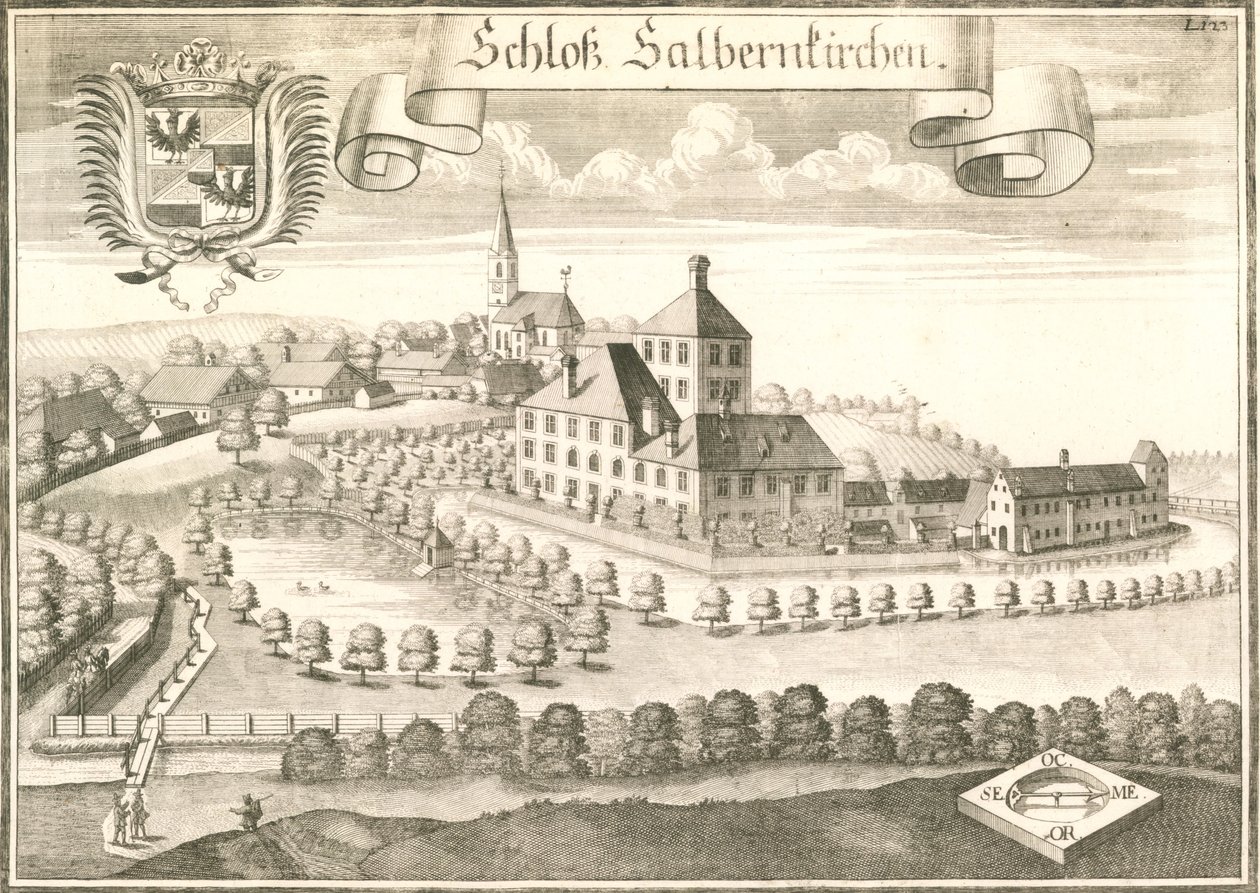 Udsigt over slottet Salmanskirchen nær Ampfing i Bayern, Land. Gravering af Michael Wening af Michael Wening