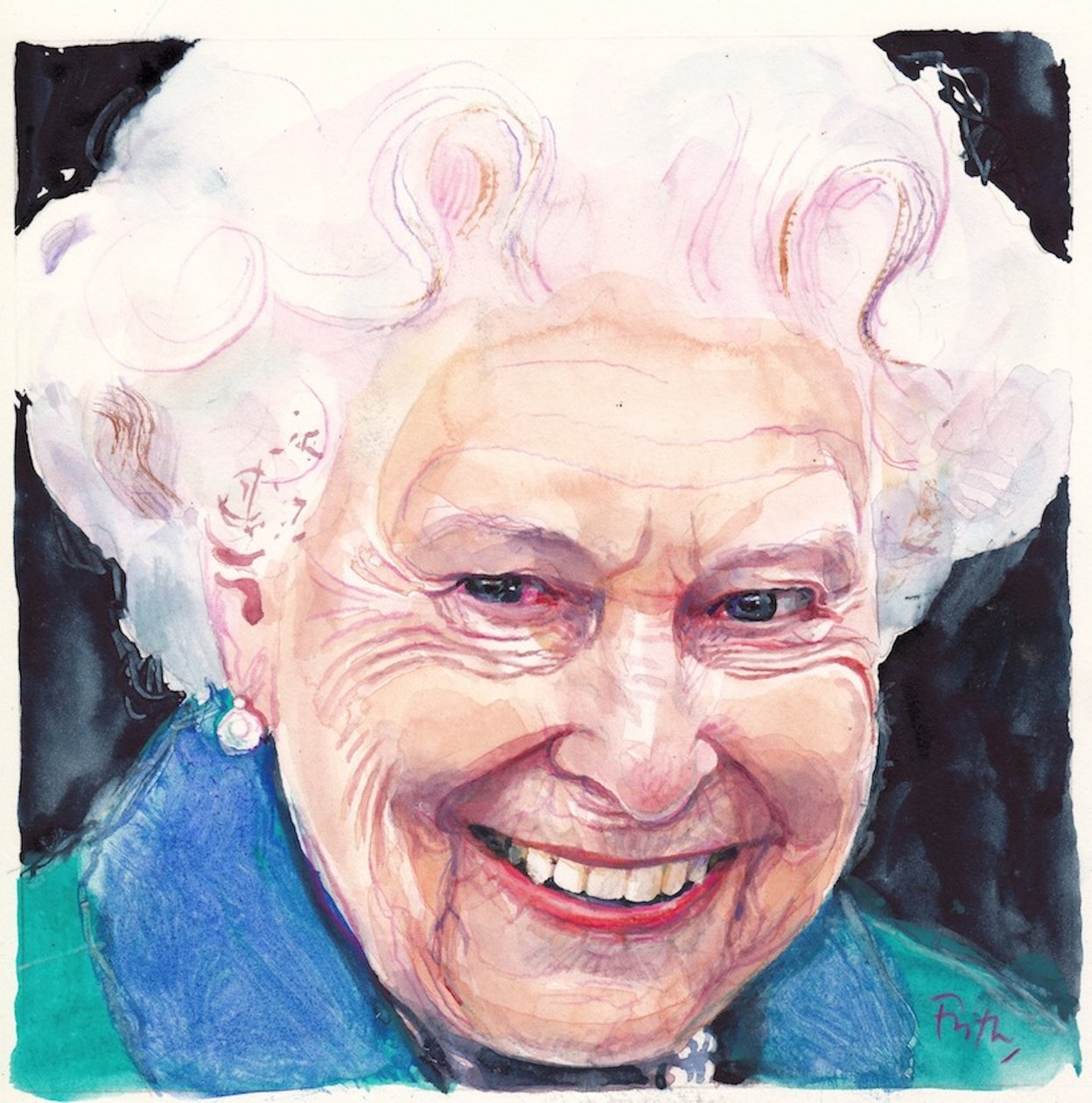 Elizabeth II Dronning af England (akvarel) af Michael Frith