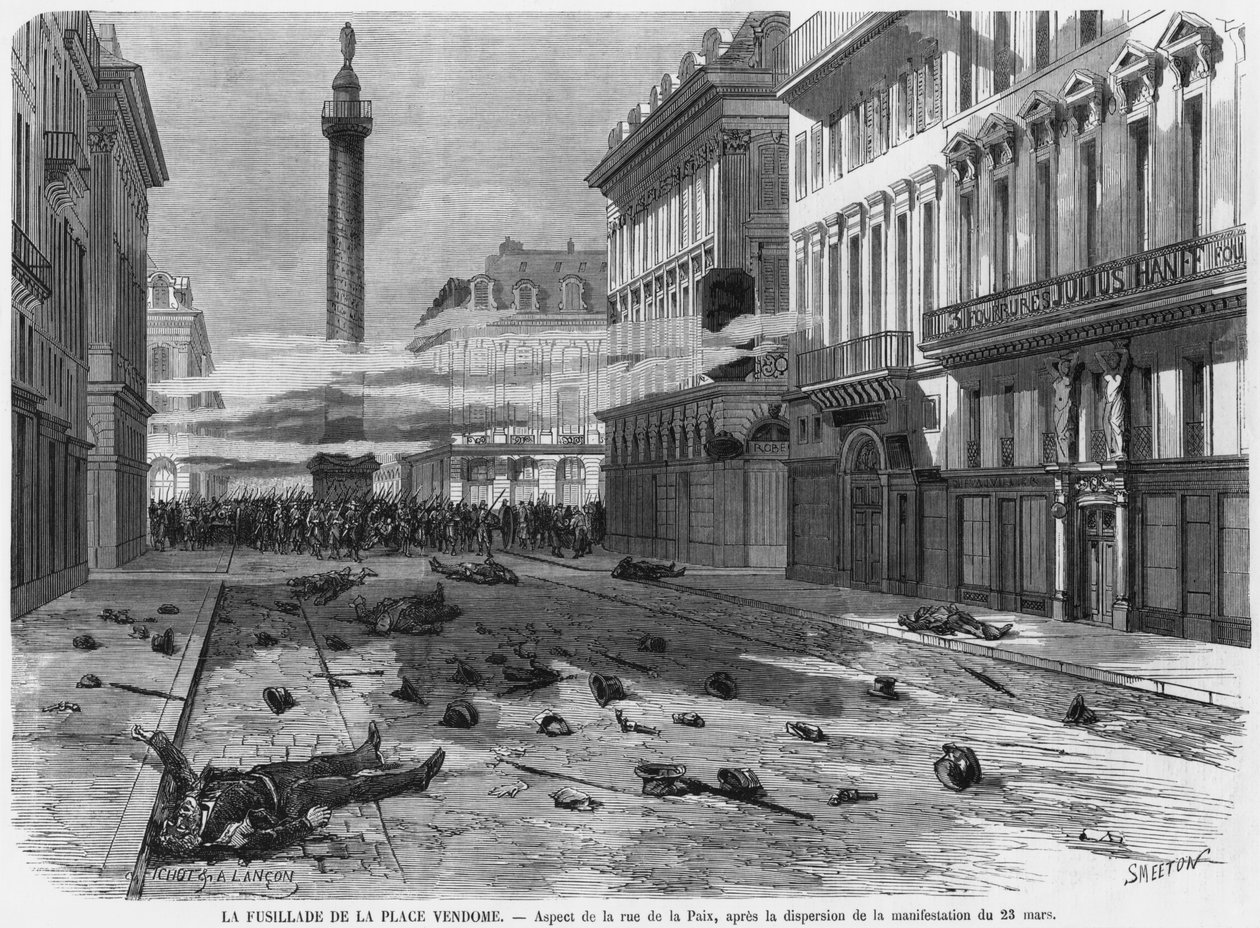 Skyderi fra Place Vendome efter spredningen af demonstrationen i rue de la Paix, Paris, indgraveret af Burn Smeeton (fl.1840-60) 23. marts 1871 af Michel and Lancon, Auguste Fichot