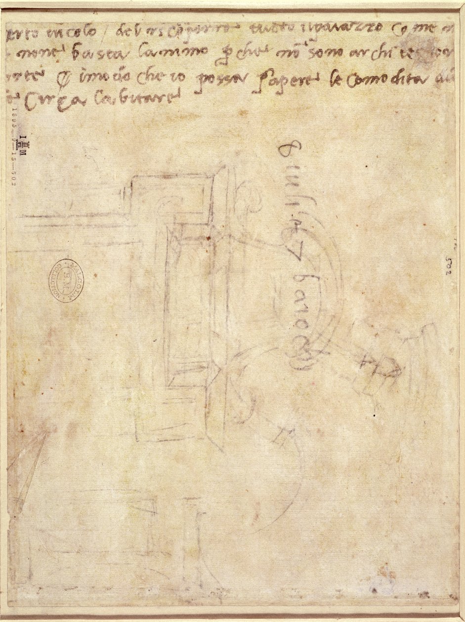 Arkitektonisk undersøgelse med noter (pen og blyant på papir) (verso) (for recto se 191771) af Michelangelo Buonarroti