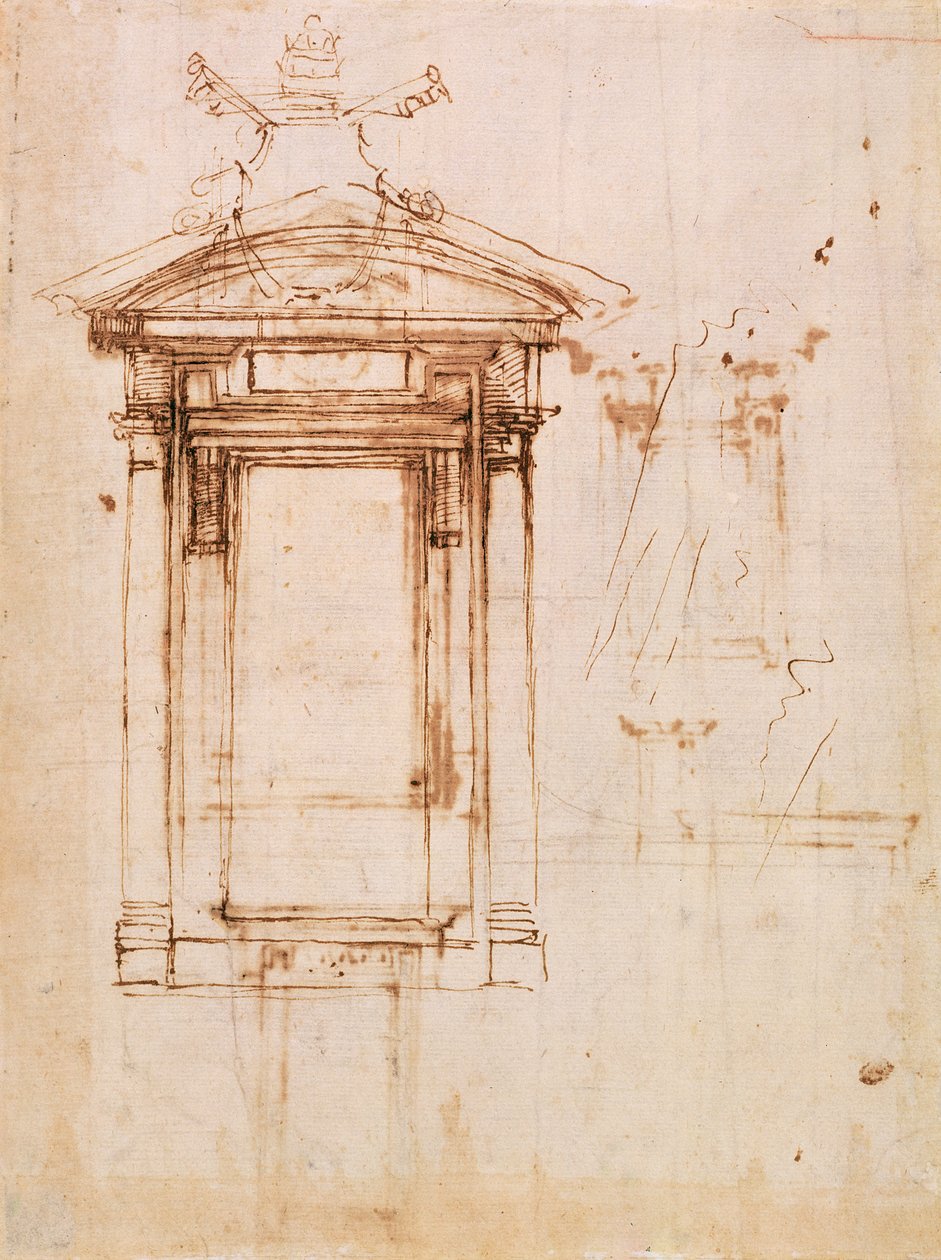 Arkitektonisk undersøgelse (brunt blæk på papir med en brun vask) (recto) af Michelangelo Buonarroti