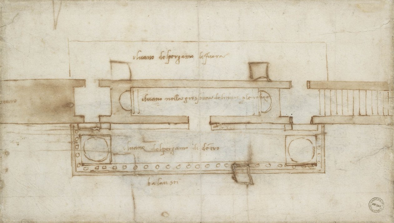 Design til et relikviekammer, 1500-tallet (rødt kridt på papir) af Michelangelo Buonarroti