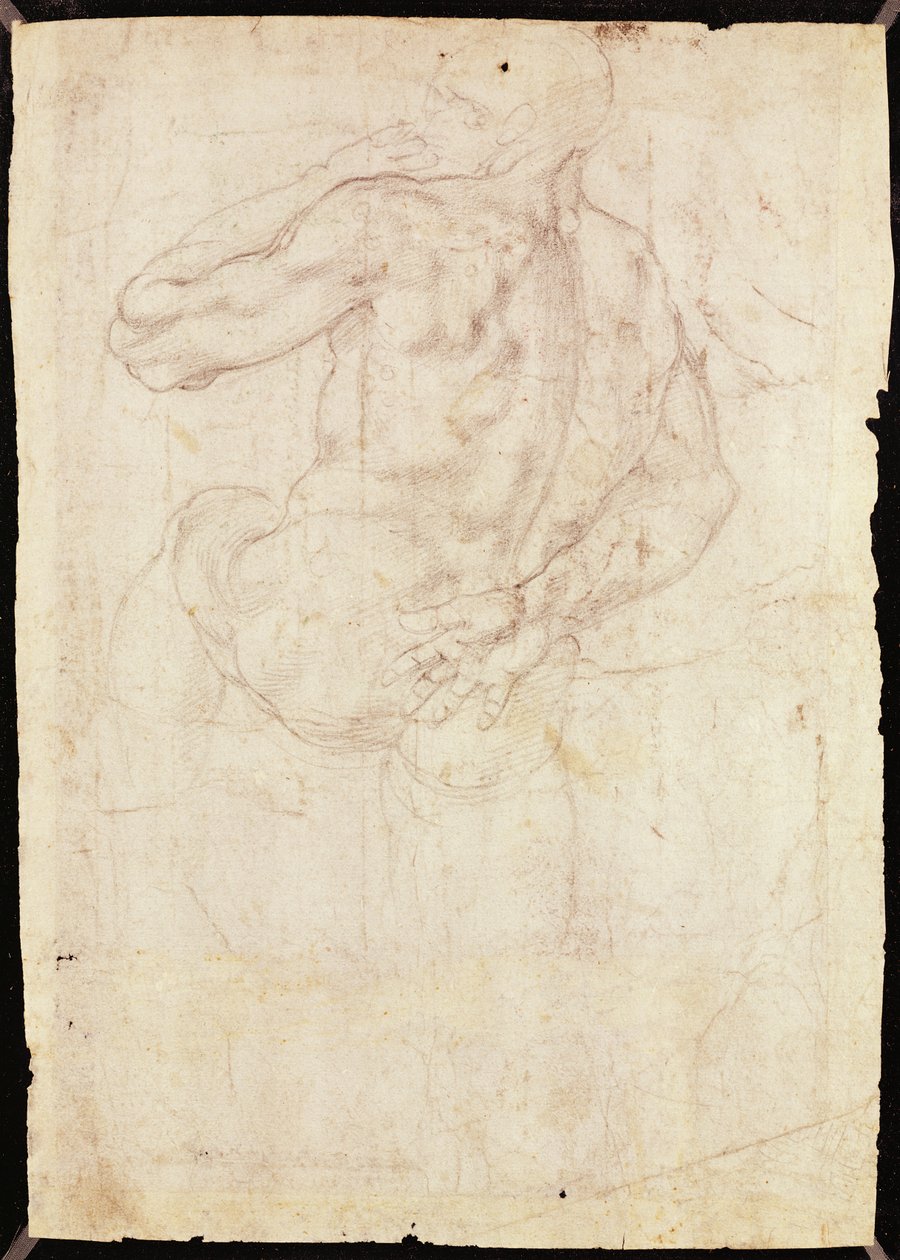 Tegning af en mandlig stående figur (kridt på papir) af Michelangelo Buonarroti