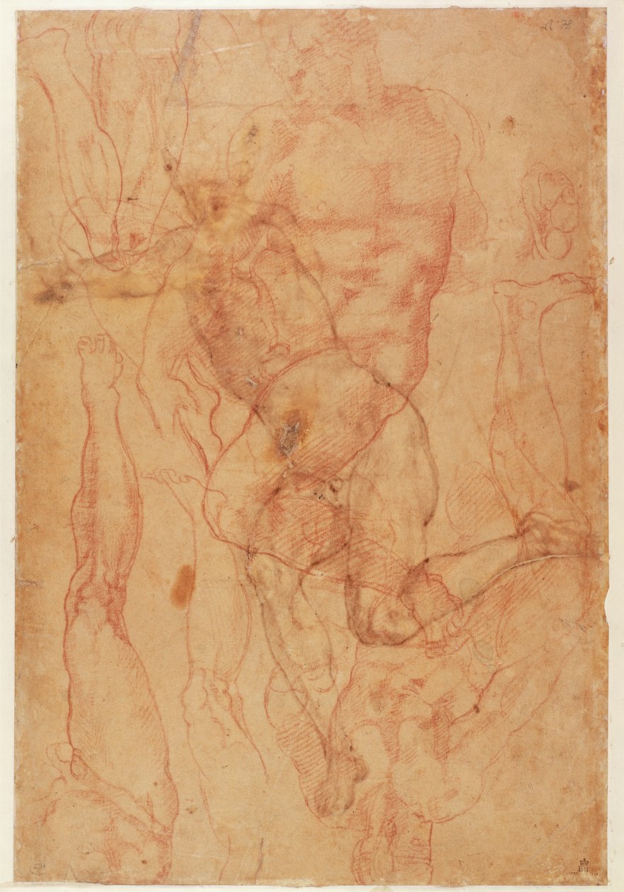Figurstudie (rødt kridt på papir) af Michelangelo Buonarroti