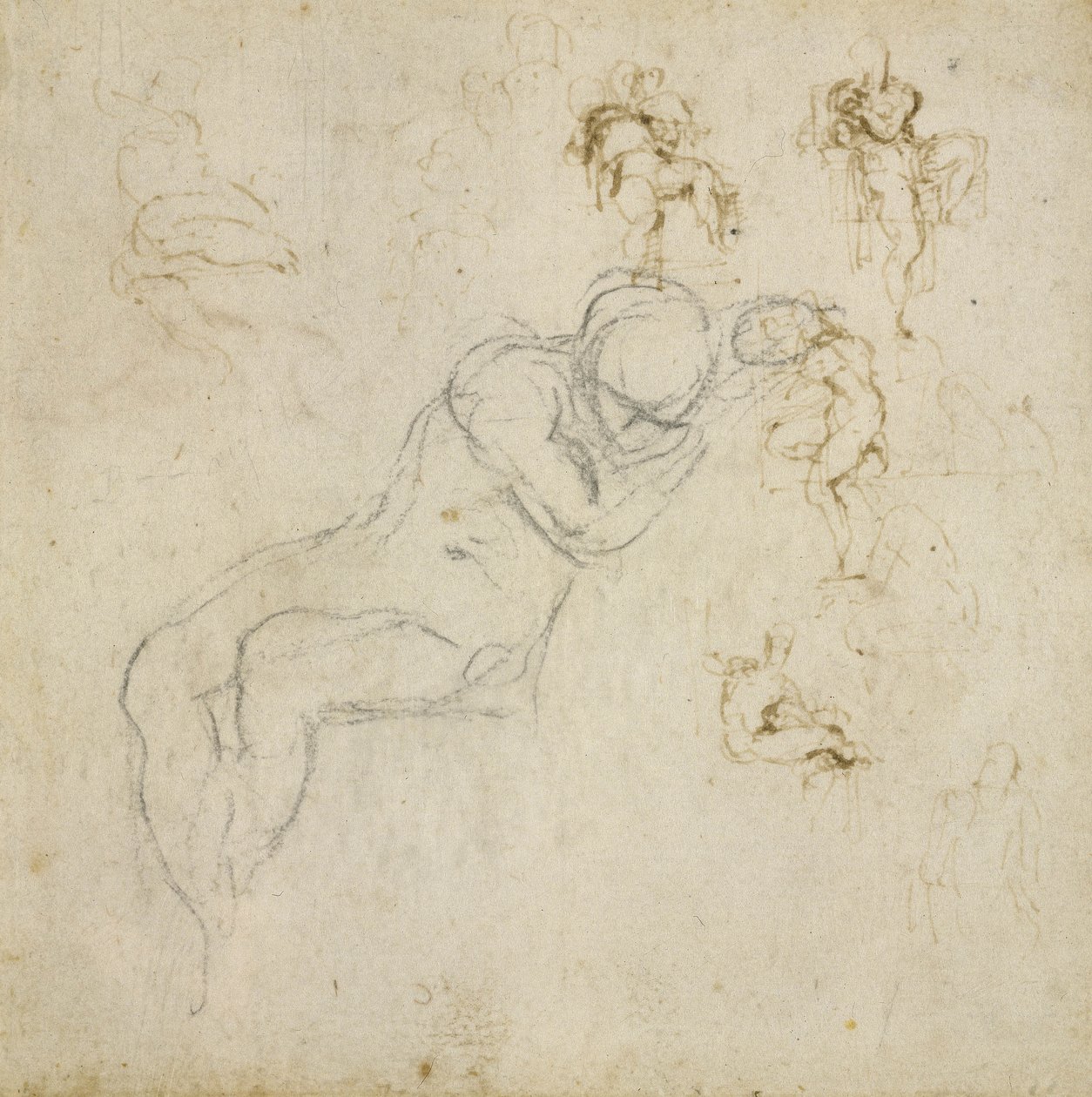 Figurstudie, ca.1511 (sort kridt, pen og blæk på papir) af Michelangelo Buonarroti