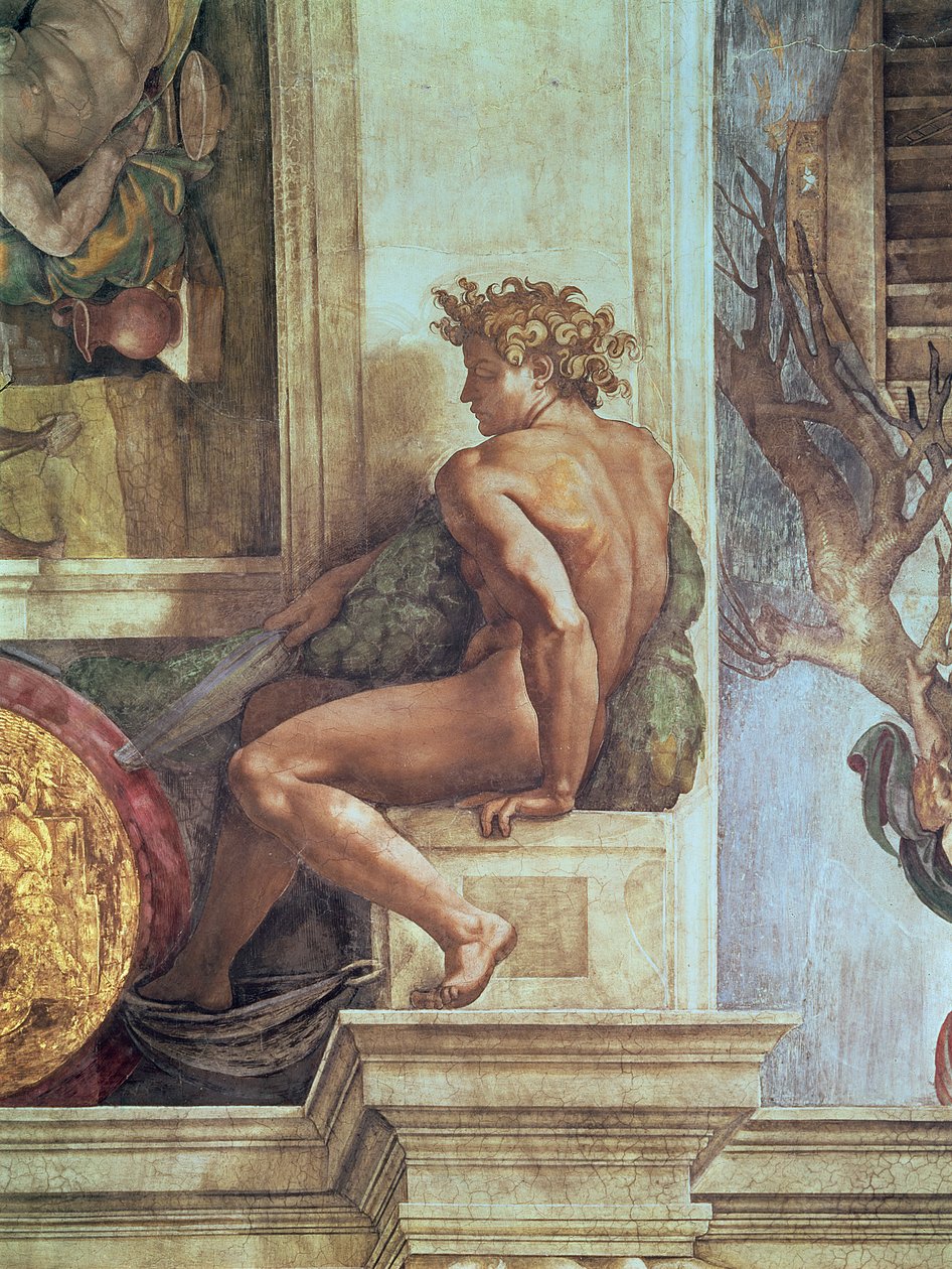 Ignudo fra det sixtinske loft (før restaurering) af Michelangelo Buonarroti