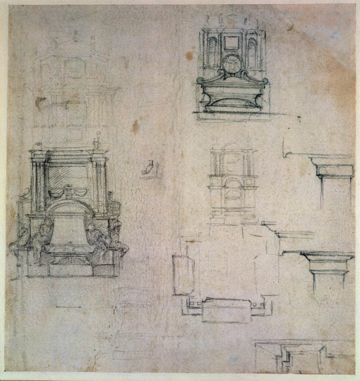 Inv. 1859 6-25-545. R. (W. 25) Designs til grave (rødt kridt) af Michelangelo Buonarroti
